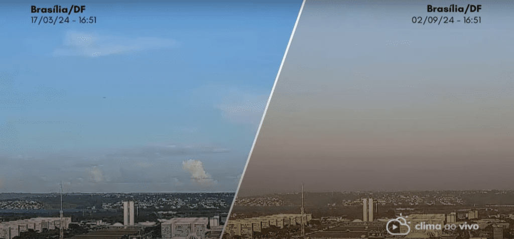 A imagem mostra a diferença do céu em Brasília em determinadas datas distintas